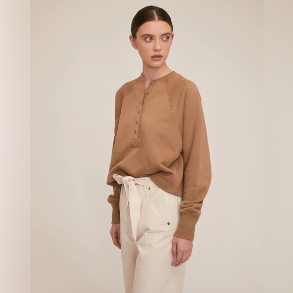 Marissa Webb SO UPTIGHT PLUSH PLUNGE HENLEY SWEATSHIRT IN LIGHT MOCHA - Picture 7 of 14
